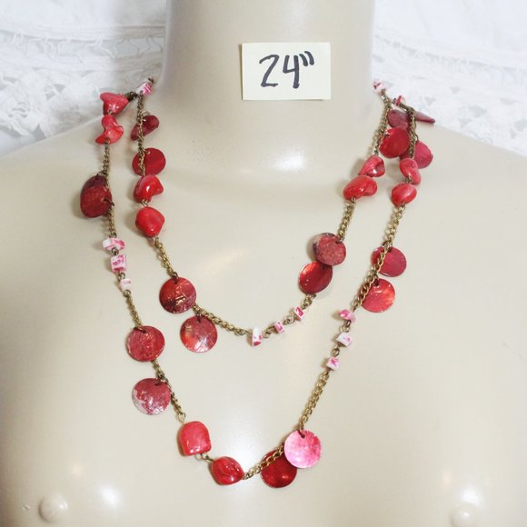 90s Red Abalone Shell Coin Long Sweater Necklace - Picture 12 of 12